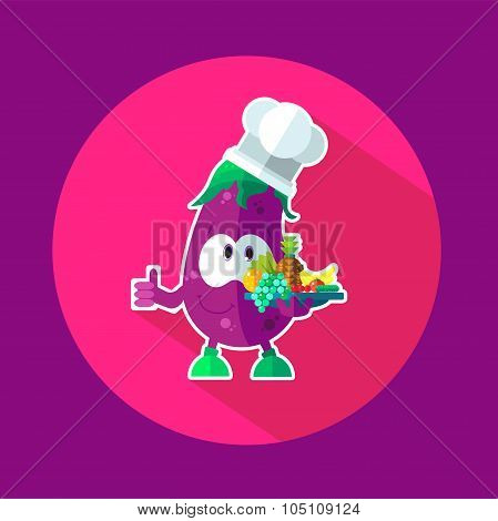 Round Flat Vector Icon With Chef Eggplant And Kitchenware