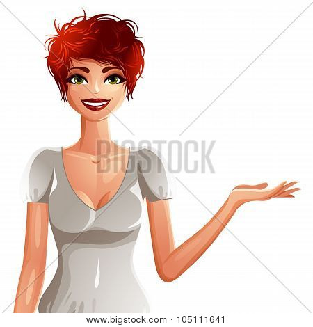 Attractive White-skin Smiling Woman, Upper Body Portrait. Vector Drawing Of A Cute Slender Caucasian