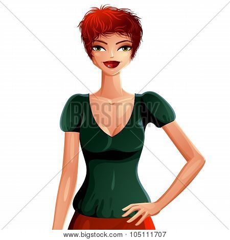 Sexy Flirting Woman Wearing Stylish Blouse, Vector Upper Body Portrait. Beautiful Red-haired Female