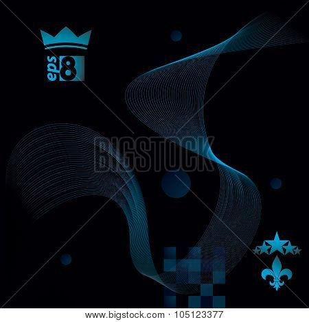 Dimensional Motif Elegant Flowing Curves, Dark Background In Motion With Five Stars Emblem, Eps8