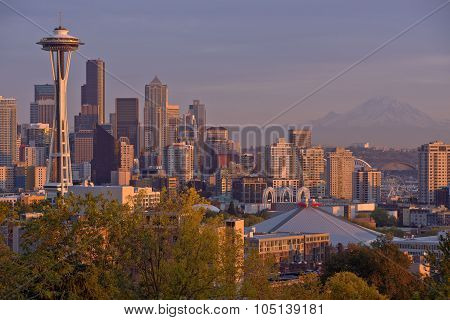 Seattle Skyline At Sunset Washington State.