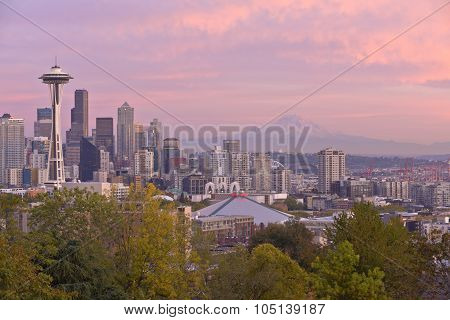 Seattle Skyline At Sunset Washington State.