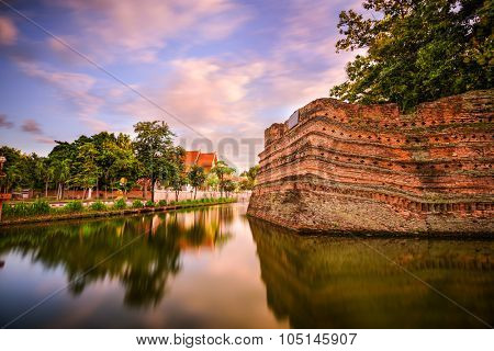 Chiang Mai, Thailand old city ancient wall and moat.