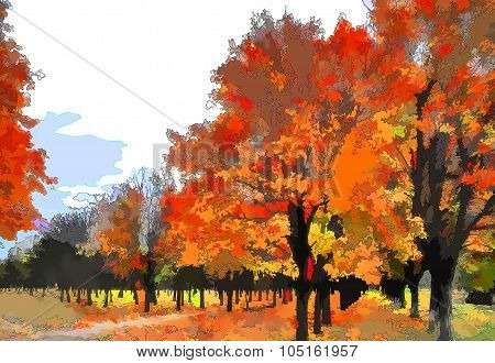 Art autumn landscape as oil painting. Grunge picture showing trees.