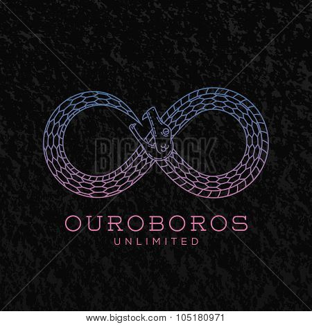 Abstract Vector Infinite Ouroboros Snake Symbol, Sign or a Logo Template in Line Style. On Black Bac