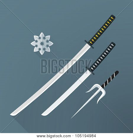 Vector Flat Samurai Weapon Set Illustration Icon.