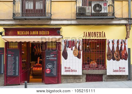 Store Of Spanish Ham In Madrid Centre
