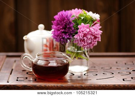 Bouquet Of Purple And Pink Asters And Teaware For Chinese Tea Ceremony