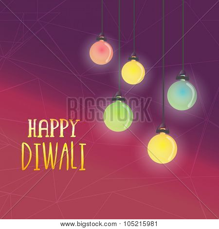 Glossy colourful illuminated lit lamps hanging on abstract background for Indian Festival of Lights, Happy Diwali celebration.
