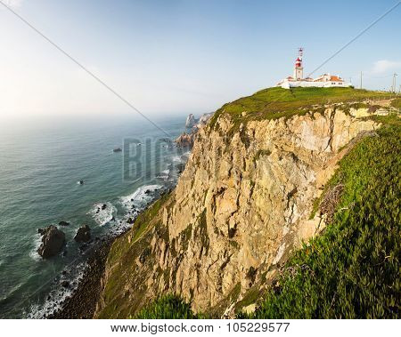 Lighthouse building on beautiful cliffs near the sea landscape, Portugal