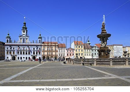 Fountain on the square in historic center of Ceske Budejovice.