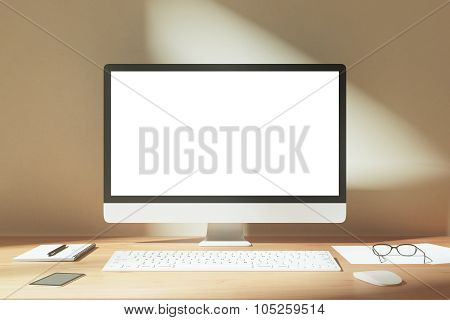 Sunny Desktop With Computer, Keyboard And Accessories, Mock Up