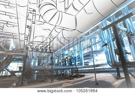 Sketch Of Piping Design Mixed With Industrial Equipment Photos