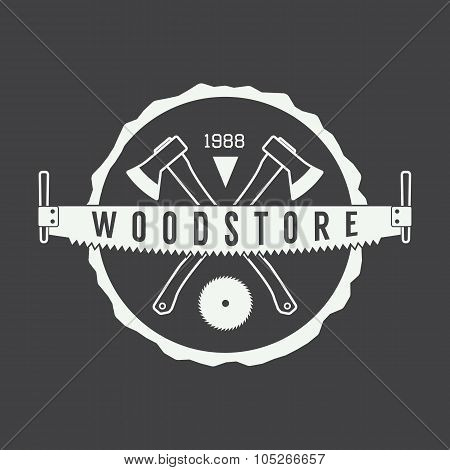 Vintage Sawmill Logo With Axes, Rocks, Trees