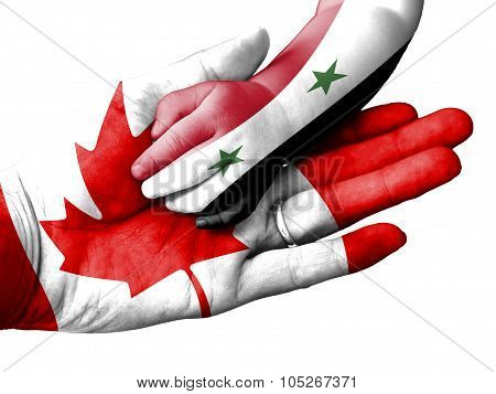 Adult Man Holding A Baby Hand With Canada And Syria Flags Overlaid. Isolated On White