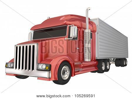 Red semi truck front angle to illustrate travel, transportation and shipping or delivery of products over the road