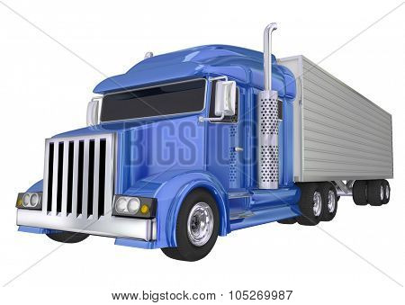 Blue semi truck front angle to illustrate travel, transportation and shipping or delivery of products over the road
