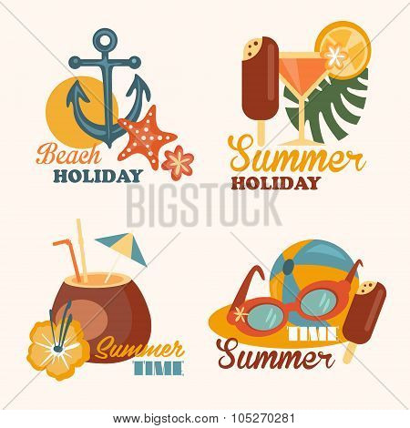 Set of Beach Holiday and Summer Elements Vector Illustrations in Flat Style