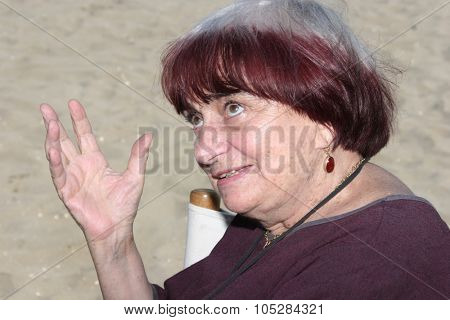VENICE, ITALY - SEPTEMBER 03: Director Agnes Varda poses on the beach ,Venice promoting her  film 'The Beaches of Agnes' during the 65th Venice Film Festival on Sept. 3, 2008 in Venice, Italy.