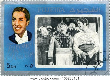 FUJEIRA - CIRCA 1972 : stamp printed in Fujeira showing ,actor Tyrone Power , circa 1972