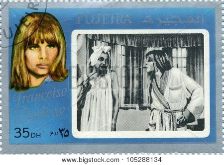 FUJEIRA - CIRCA 1972 : stamp printed in Fujeira showing , french actress Francoise Dorleac , circa 1972