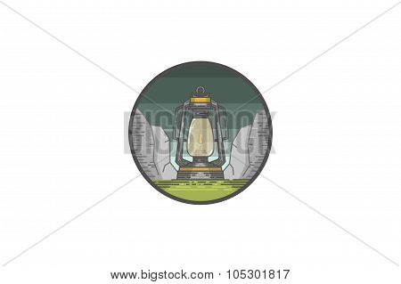 Vintage summer camp badge and outdoors logo emblem. Oil lamp.