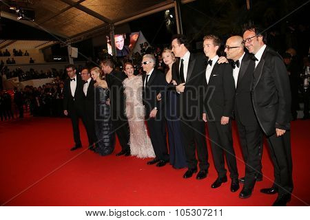 CANNES, FRANCE - MAY 19: Mia Wasikowska, David Cronenberg, Julianne Moore and John Cusack attend the 'Maps To The Stars' premiere during the 67th  Cannes Festival on May 19, 2014 in Cannes, France.