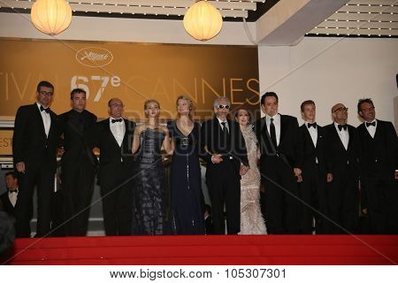 CANNES, FRANCE - MAY 19: Mia Wasikowska, David Cronenberg, Julianne Moore and John Cusack attend the 'Maps To The Stars' premiere during the 67th  Cannes Festival on May 19, 2014 in Cannes, France.