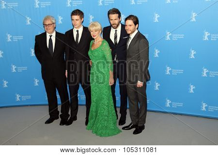 BERLIN, GERMANY - FEBRUARY 09: Daniel Bruehl, Helen Mirren, Max Irons attend the 'Woman in Gold' photocall during the 65th Berlinale Festival at  Hyatt Hotel on February 9, 2015 in Berlin, Germany.