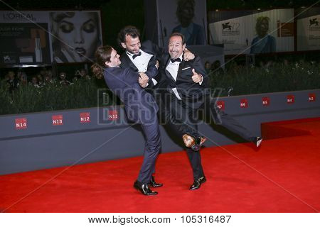 Peter Lanzani, Pablo Trapero and actor Guillermo Francella attend a premiere for 'El Clan' during the 72nd Venice Film Festival at Sala Grande on September 06, 2015 in Venice, Italy.