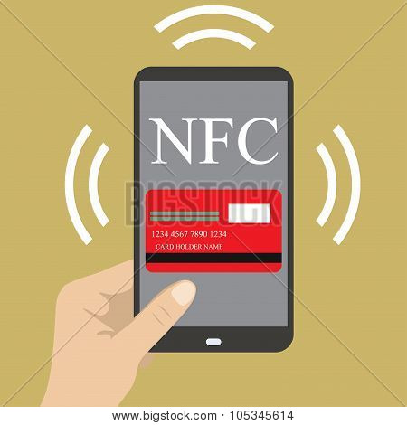 Smart Phone With Credit Card On The Screen And Nfc Radio Flat De