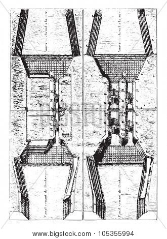 Former Plan of the sluice Mardyck, vintage engraved illustration. Magasin Pittoresque 1867.