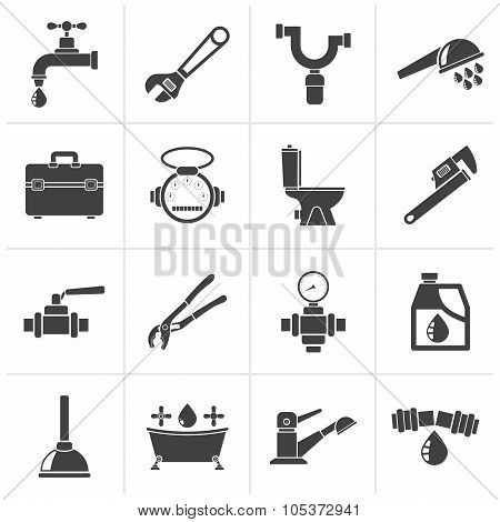 Black plumbing objects and tools icons