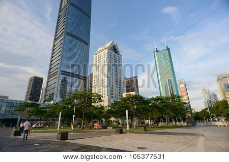 SHENZHEN, CHINA - MAY 28, 2014: The KK100 building. The KK100, formerly known as Kingkey 100 and Kingkey Finance Center Plaza, is a supertall skyscraper in Shenzhen, Guangdong province, China.