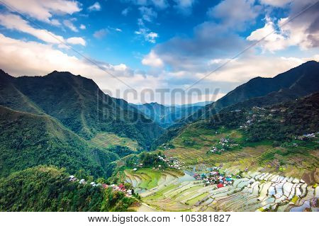 Philippines landmark - rice terraces on mountain sides in rural countryside