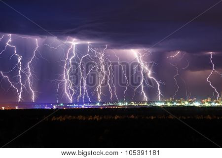 Night Thunder Lightning Over The City Sky