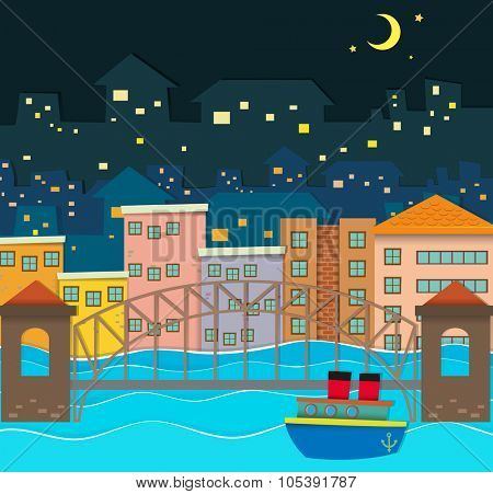 Bridge over the river scene at night illustration