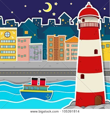 City scene with lighthouse and river at night illustration