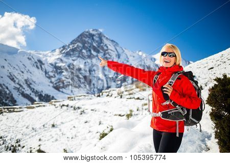 Woman Hiker Happy Walking In Himalaya Mountains, Nepal