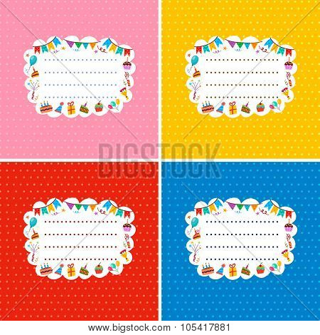 Birthday Invitation Greeting Cards Set With Frame For Your Text. Vector Illustration