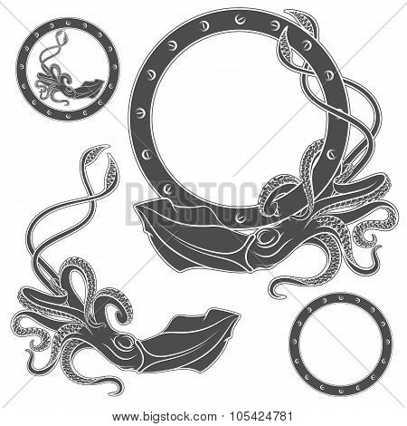 Set of black and white illustrations with squid