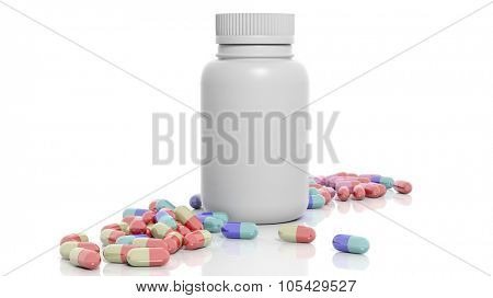 Colorful caplets and bottle, isolated on white background.