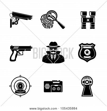 Set of Spy icons - fingerprint, spy, gun, binocular, eye in keyhole, badge, surveillance camera, rea