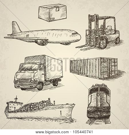 Logistics hand drawn isolated elements.