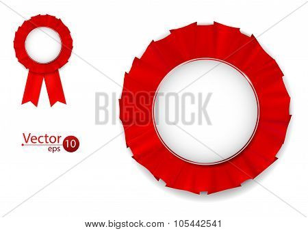 Realistic red fabric. Badge.