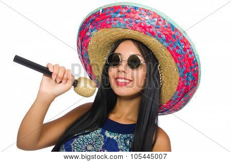 Young attractive woman wearing sombrero on white