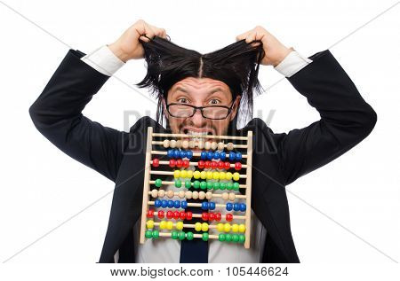 Funny man with calculator and abacus