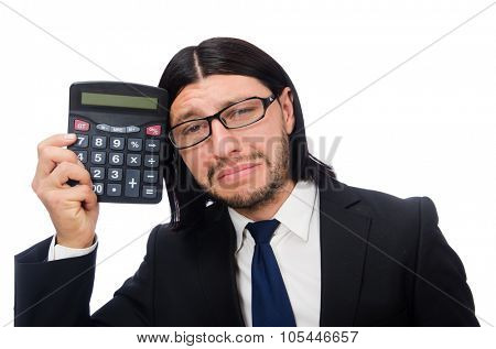 Man with calculator isolated on white