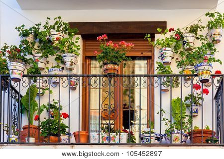 Traditional European Balcony with colorful flowers and flowerpots