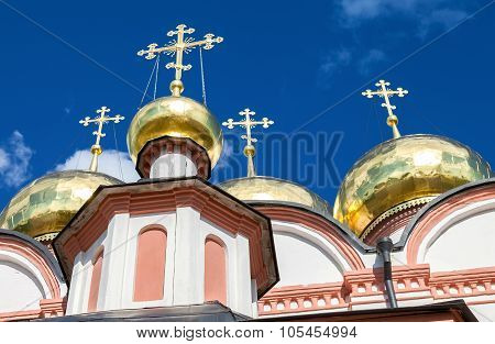 Golden Domes Of Russian Orthodox Church In Valday Monastery Against The Dark Blue Sky